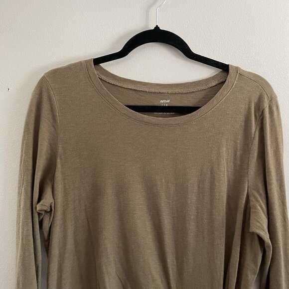 Aerie Women L Olive Green Cotton Casual Long Sleeve Side Tie T-Shirt Dress - Picture 7 of 12